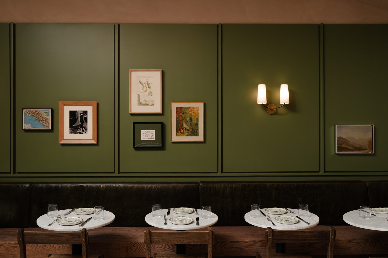 Clay-plastered dining room at Massara, New York.
