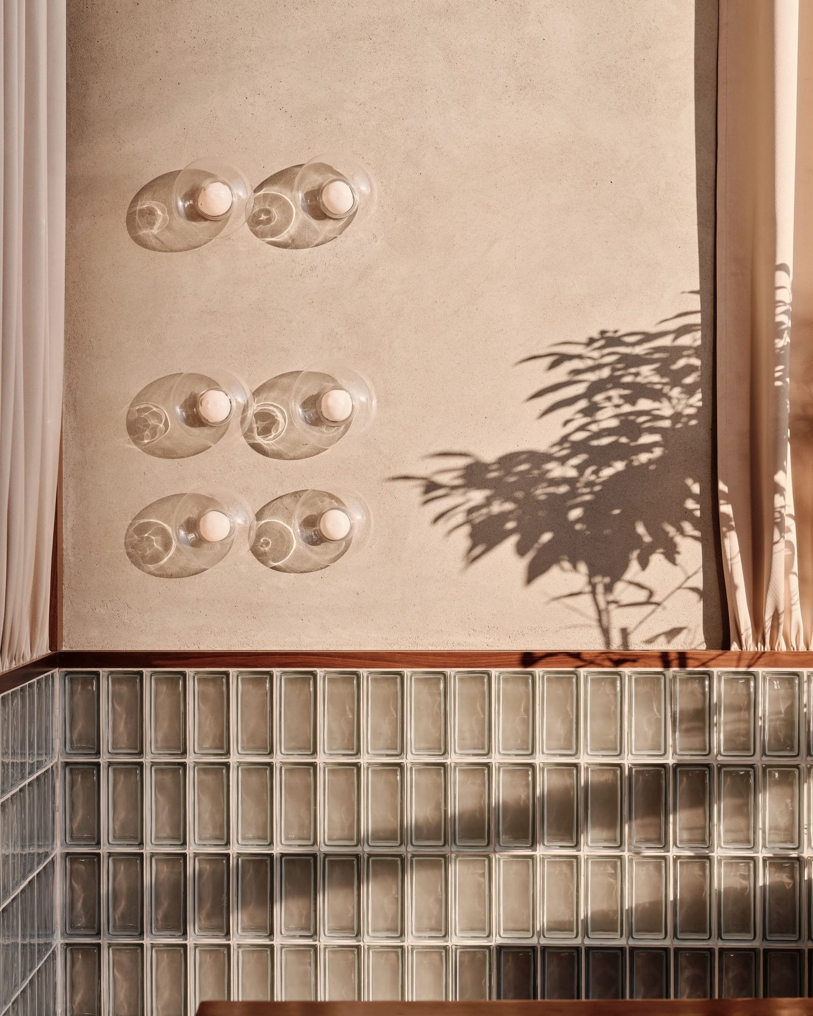 Clay plaster wall at Toplum with glass wall lights and a palm shadow, above glass block.