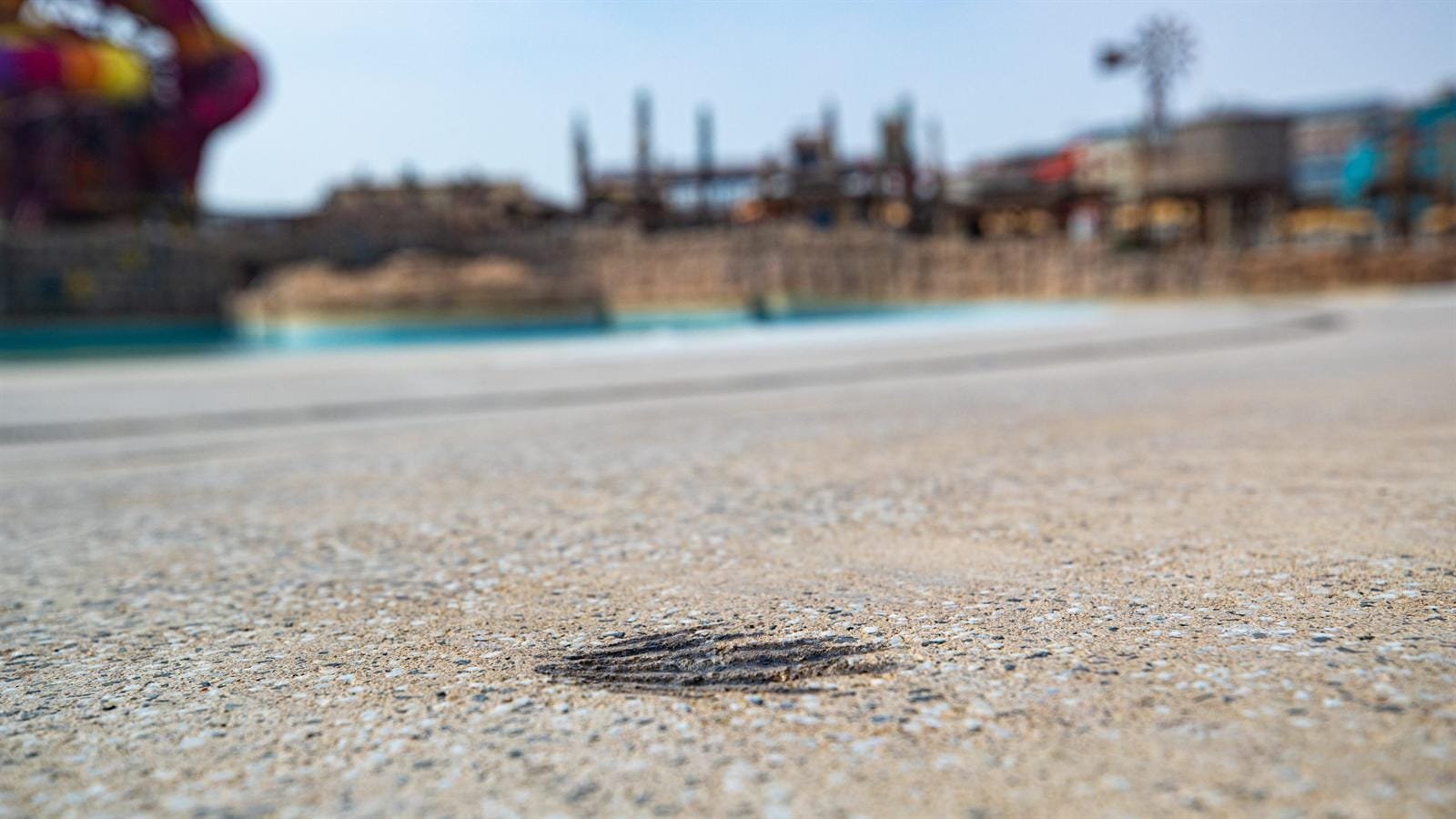 Macro of pale sand exposed aggregate deck with a single inlaid fossil shell motif, wave pool beyond