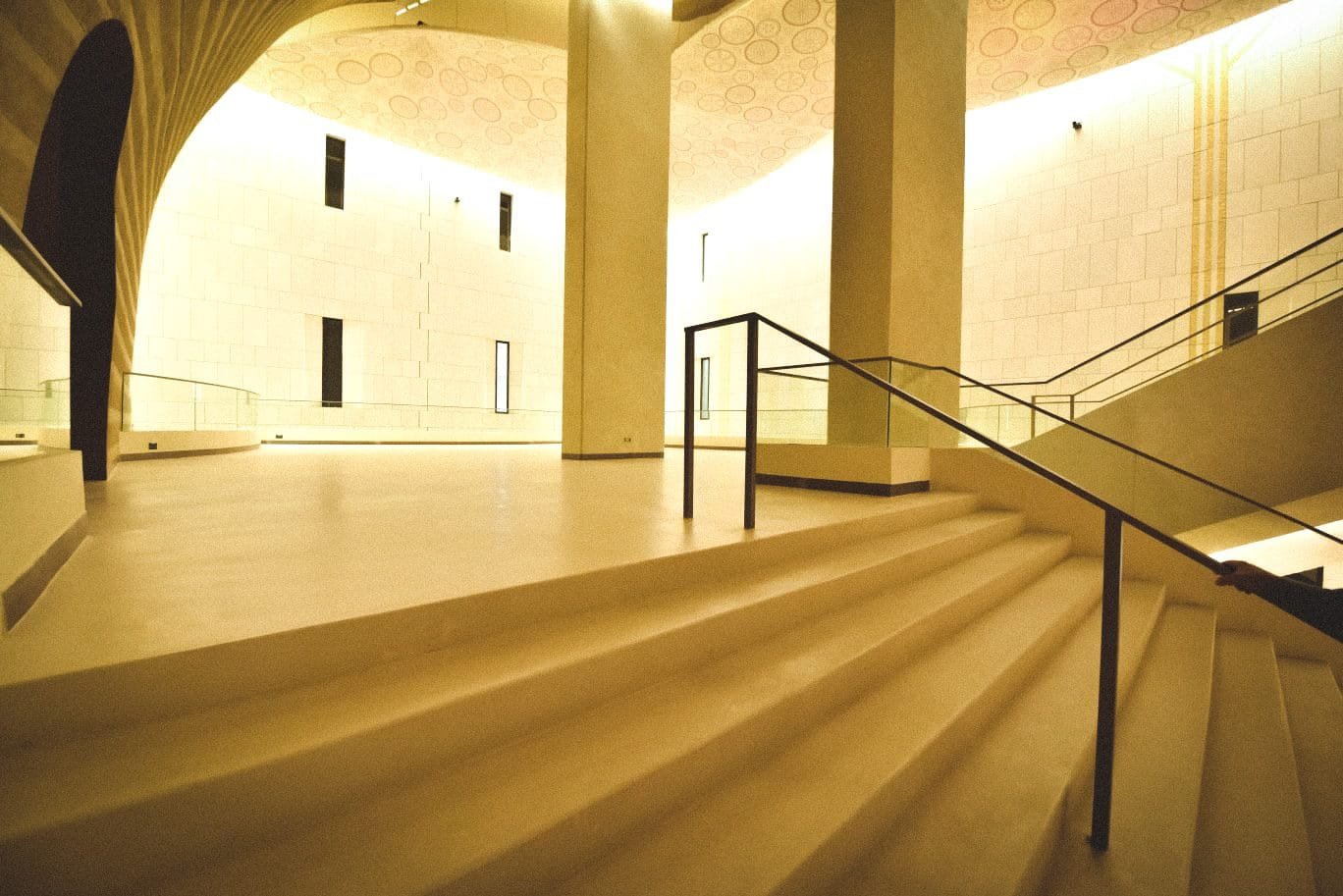 Microcement foyer steps running continuously into the surrounding floor, King Fahad Cultural Centre, Riyadh
