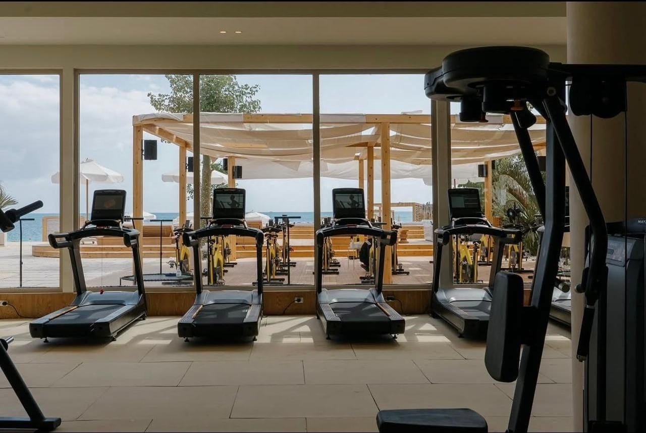 Microcement gym floor and walls with a sea view at LA7 Wellness Beach Club, Egypt