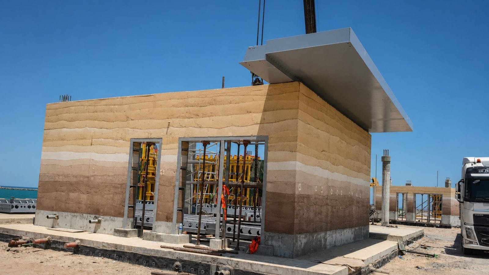 Strata-banded in-situ rammed earth walls at Kalba Beach, Sharjah, as the roof slab is craned in